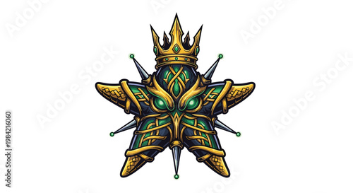 Ornate illustration of a majestic starfish adorned with a golden crown, featuring intricate Celtic-inspired patterns and piercing green eyes.