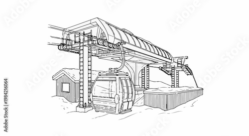 Line drawing of a cable car station with a gondola, shed, and snowy surroundings