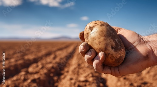 Farmer holding raw potato over harvested field