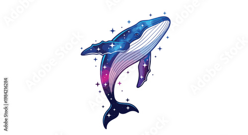 Captivating cosmic whale illustration, showcasing a majestic creature filled with a vibrant galaxy and sparkling stars in a graceful ascent.