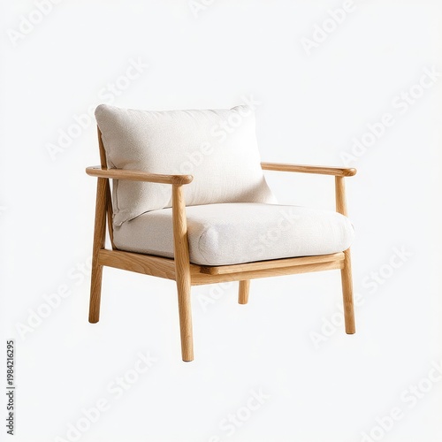 A modern armchair with a light wood frame and beige textured cushion sits against a clean white background, showcasing a minimalist and comfortable design.