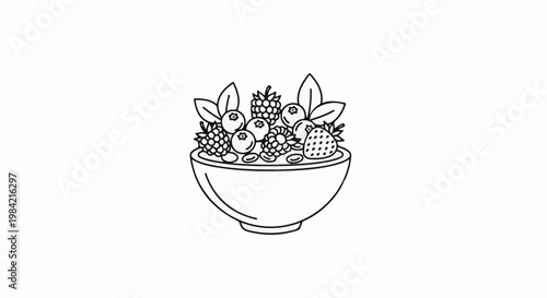 Line art of a bowl filled with berries, leaves, and small oval shapes