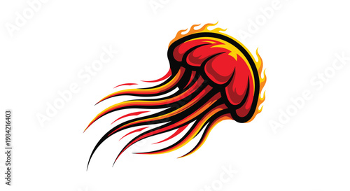 Energetic illustration of a fiery jellyfish, depicted with vibrant red and orange flames, capturing swift and dynamic underwater movement.