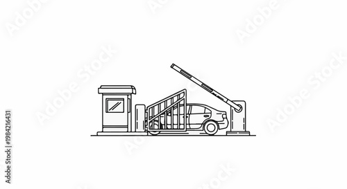 Line art of a car at a security checkpoint with a raised barrier