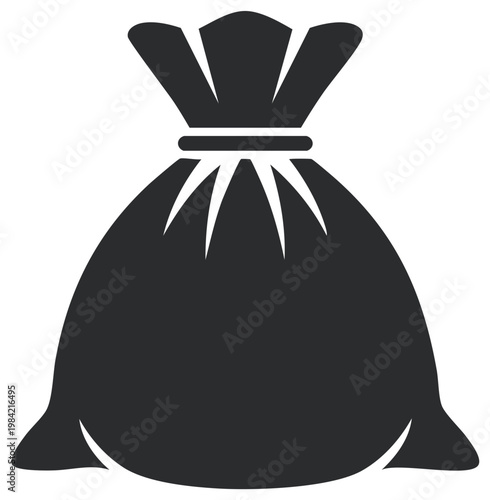 Solid black sack or bag full of stuff with drawstring closure for loot or donations in an illustration