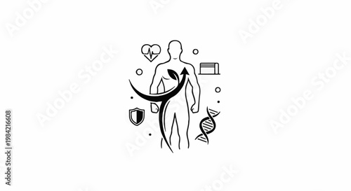 Human silhouette with health and genetic symbols, arrow shows upward trend