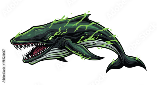 Ferocious illustration of a monstrous whale, featuring sharp, menacing teeth, glowing green eyes, and corrosive green liquid effects.