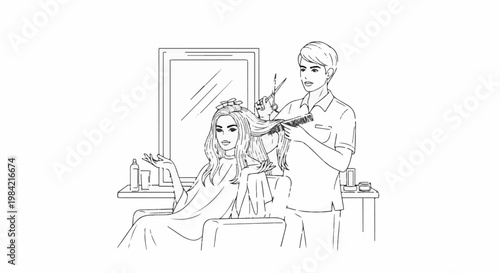 Hairdresser styling a woman's hair in a salon with a mirror