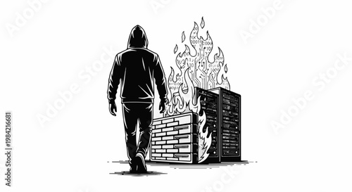 Hacker walks away from burning server racks filled with digital data