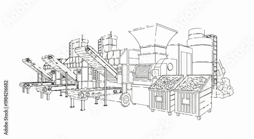 Industrial processing plant with conveyors, shredder, and bins of materials