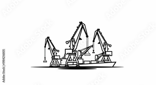 Industrial scene with multiple cranes loading and unloading cargo from a large ship