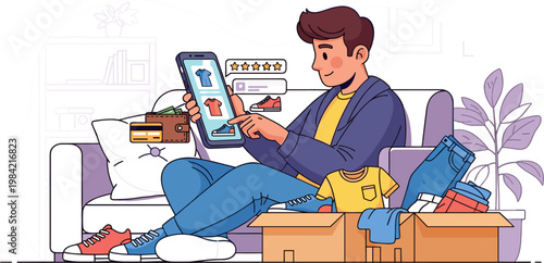 Online Shopping Concept with Mobile Ecommerce App, Customer Buying Clothes, Product Selection, Digital Payment, Home Delivery, and Modern Flat Vector Illustration Design