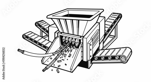 Industrial shredder with conveyor belts processing a cable