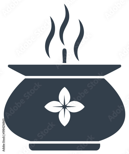 Aromatic pot with flower emblem and steam for relaxation aroma or meditation purpose, calm spa essence