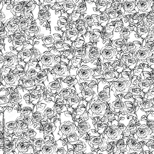 Sketchy seamless black and white floral pattern with roses. Good for textile print. Outline doodle flowers design
