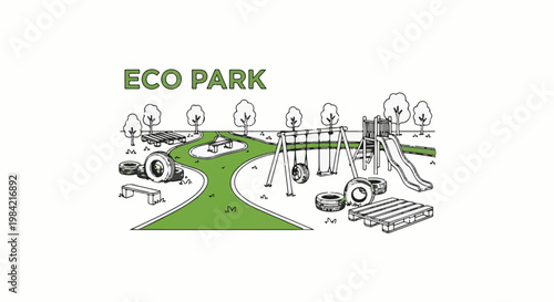 Green playground with slides, swings, tires, benches, and trees