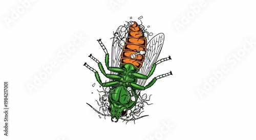 Green insect on its back with orange segments, surrounded by small white bugs