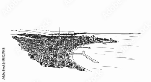 Ink sketch of a sprawling coastal city skyline with a prominent tower