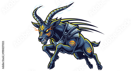 Ferocious gazelle warrior mascot illustration, depicted leaping forward with formidable armor, glowing orange eyes, and tribal flame patterns.