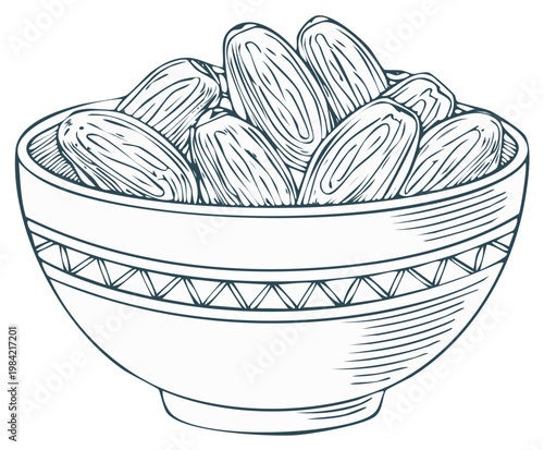 Hand-drawn bowl overflowing with dates, featuring a decorative rim design