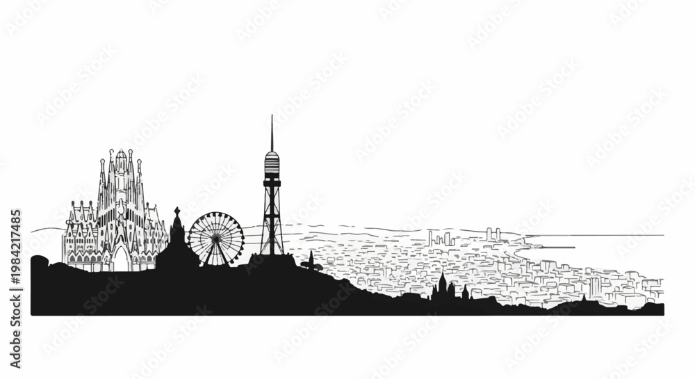 Obraz premium Iconic skyline with a famous basilica, Ferris wheel, and tower