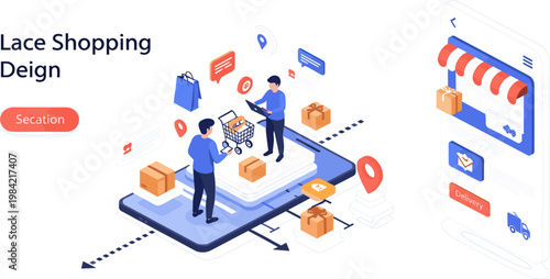 Isometric Online Shopping Illustration with Mobile App Delivery Tracking Cart and Customer Purchase Process for Ecommerce Business and Retail Service Design