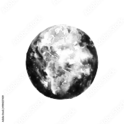 Full moon in monochrome halftone style, detailed illustration symbolizing night, astronomy, space, and celestial beauty.