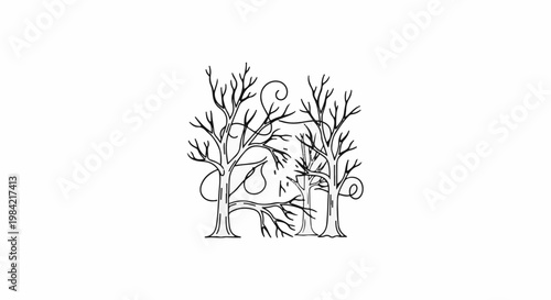 Intricate sketch of barren trees with swirling branches and a fallen limb