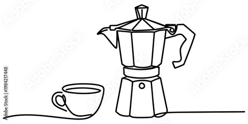 A single continuous line drawing of a moka pot coffee maker and a small cup sitting on a table Vector, illustration