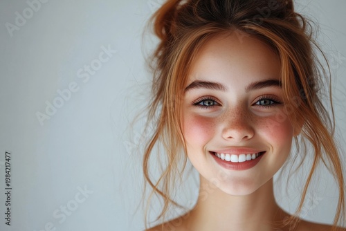 Smiling Woman with Freckles and Bright Eyes