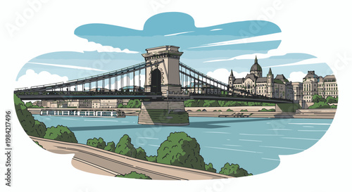 Iconic suspension bridge spans a wide river with a city skyline backdrop