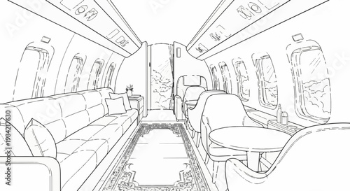 Interior view of a luxury aircraft cabin with plush seating and a carpeted aisle