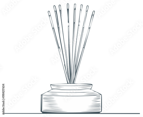 Group of sewing needles in a simple container artistic sketch