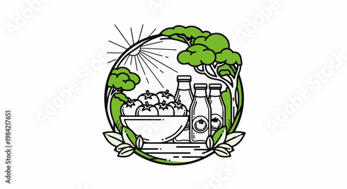 Healthy produce and bottled liquids within a natural circular frame under sun