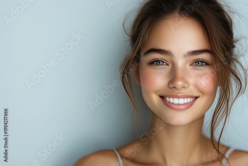 Smiling Woman with Freckles and Sparkling Eyes