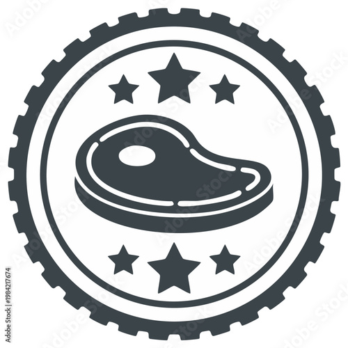 Stylized Meat Steak Emblem With Stars Inside Circular Gear Border