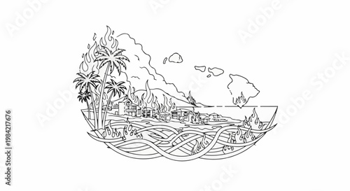 Island paradise consumed by wildfire, with palm trees, houses, and ocean ablaze