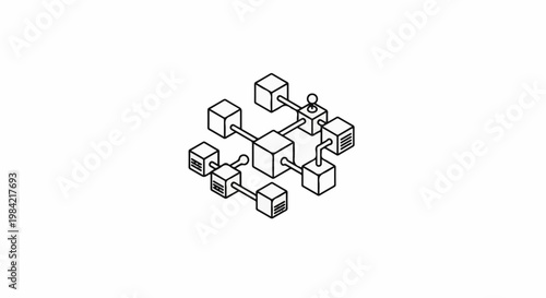 Isometric abstract network of interconnected cubes and nodes
