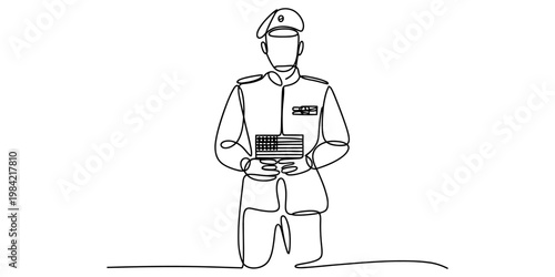 A single line drawing of an american soldier wearing a beret and holding a small national flag. Vector, illustration