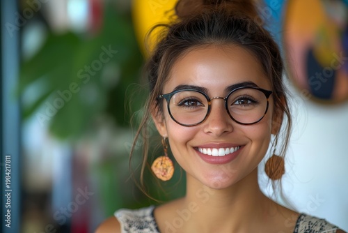Smiling Woman with Glasses and Earrings