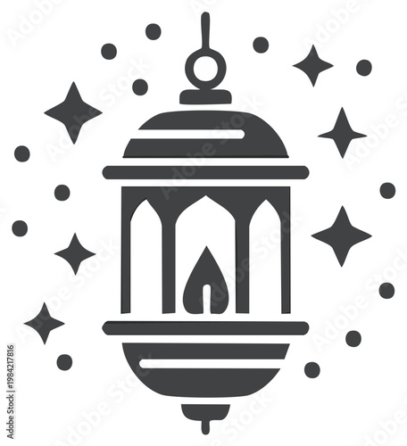 Ornate Islamic Lantern with Glowing Flame and Decorative Stars