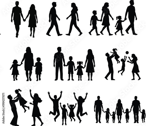 Family Silhouette Set with Parents and Children Poses Collection wife and husband and children
