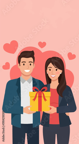 Flat vector illustration of a smiling man and woman holding a yellow gift box with a red ribbon. The couple stands together against a pink background decorated with various sized hearts.