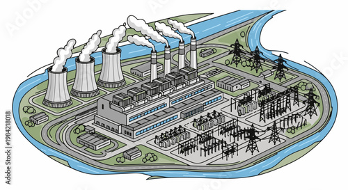 Isometric view of a power plant with cooling towers, chimneys, and electrical infrastructure