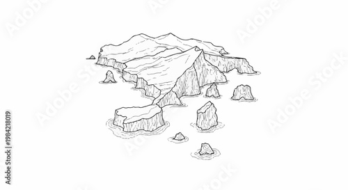 Illustrated archipelago with dramatic cliffs and ice floes in a sea