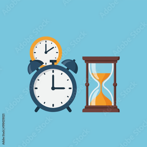Flat vector illustration featuring an analog blue alarm clock, a smaller yellow clock, and a wooden hourglass filled with orange sand, isolated on a solid light blue background.