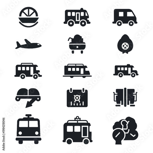 Collection of black silhouette vector icons representing public transportation and transit systems including bus, airplane, van, school bus, tram, and logistics symbols.