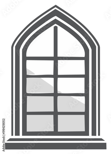 Gothic arched window with multiple panes and stone sill illustration