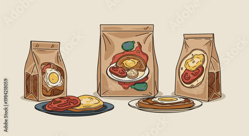 Illustrated breakfast bags with plates of food in front