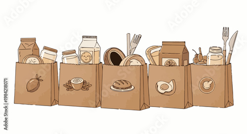 Illustrated brown paper grocery bags filled with various food items and utensils